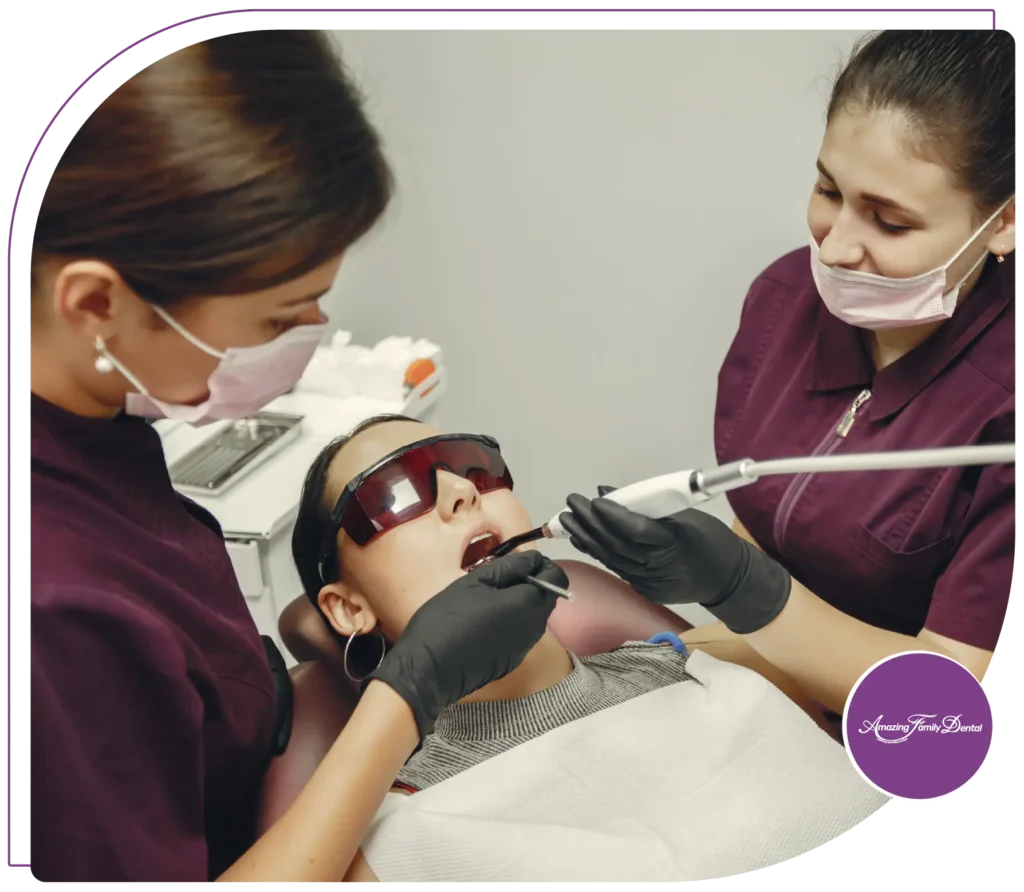 Patient receiving dental sealants at Amazing Family Dental, enhancing oral health by preventing tooth decay in children and adults.